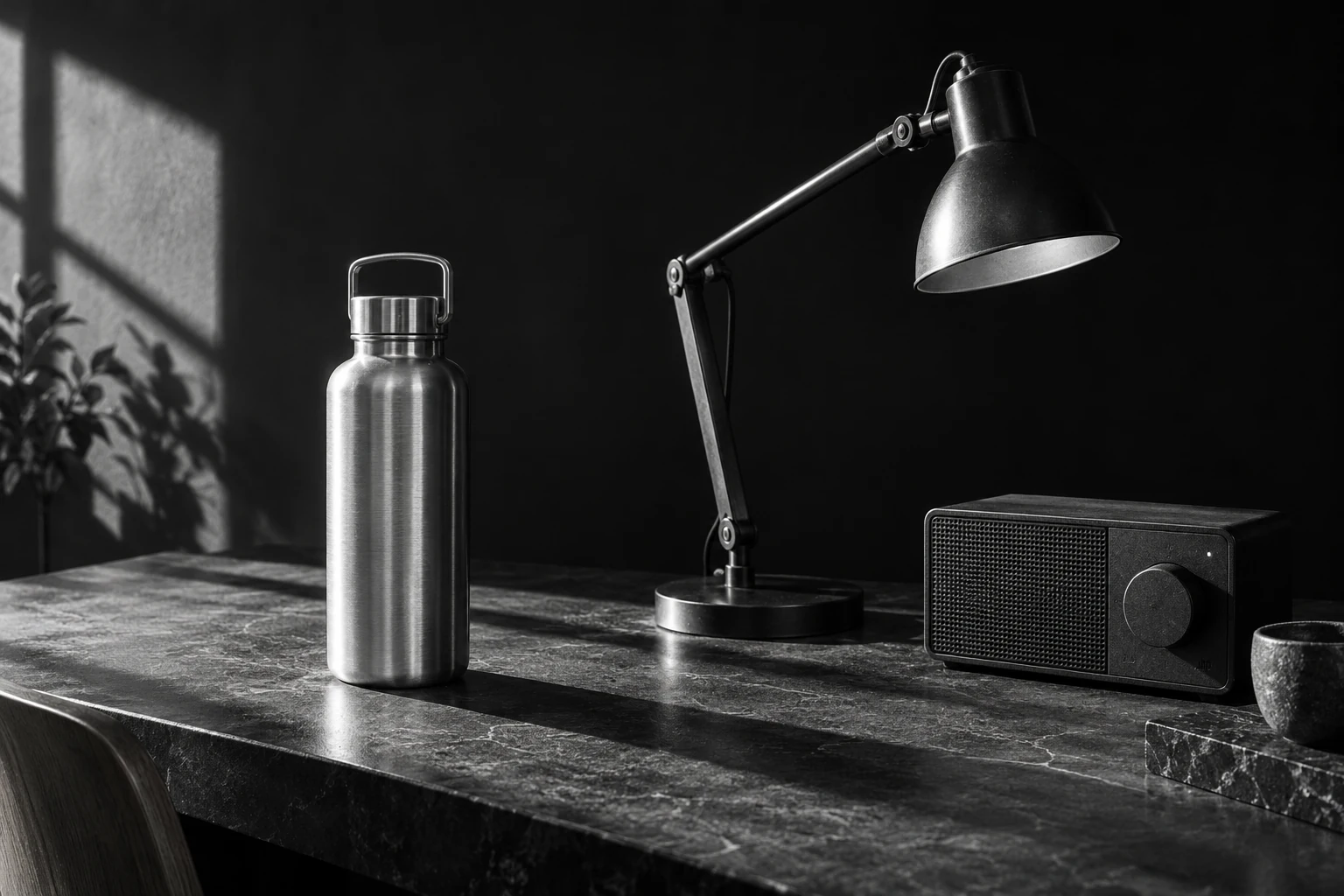 Conceptual still life of durable everyday objects, rendered in black and white.
